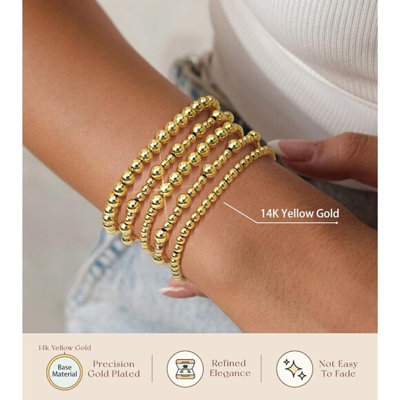 Women Gold Beaded Bracelets Set 14K Gold Plated Stylish Stackable Jewelry - Picture 5 of 7